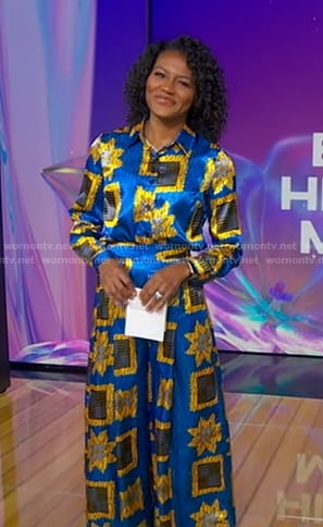 Janai’s blue printed shirt and pants on Good Morning America