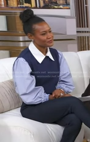 Janai’s navy stripe mixed media top on Good Morning America