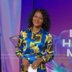Janai’s blue printed shirt and pants on Good Morning America