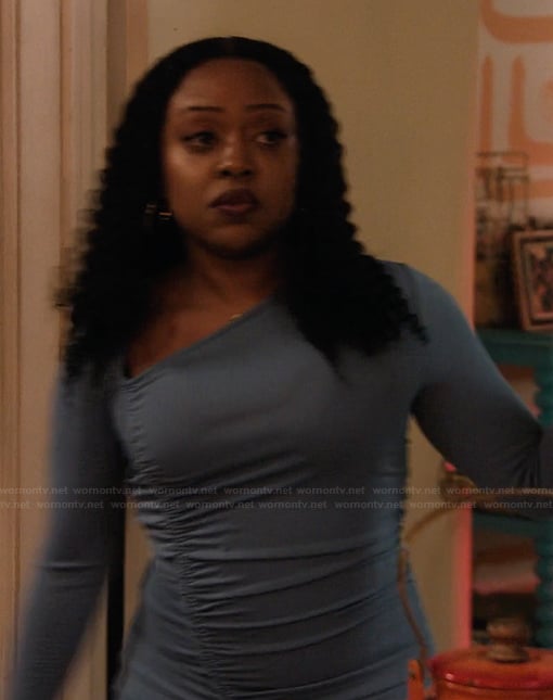 Janine’s blue ruched front dress on Abbott Elementary