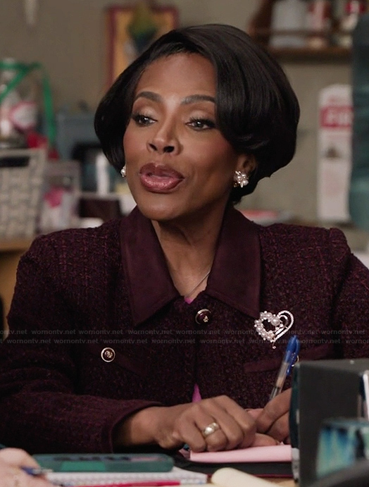 Janine's burgundy tweed jacket on Abbott Elementary