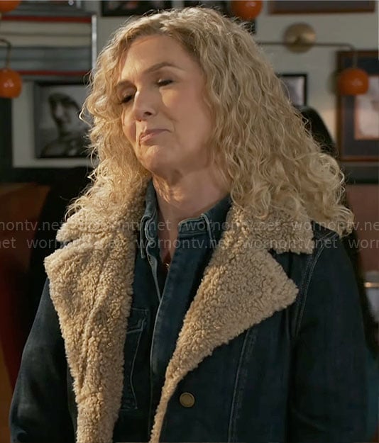 Jan's denim and sherpa coat on Beyond the Gates