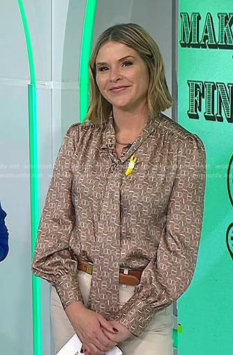 Jenna’s taupe print tie neck blouse on Today