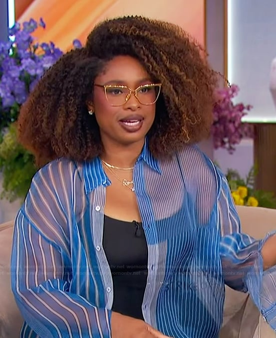 Jennifer's blue sheer stripe blouse on The Jennifer Hudson Show