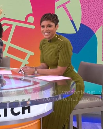 Jericka Duncan’s green button-shoulder dress on CBS Mornings