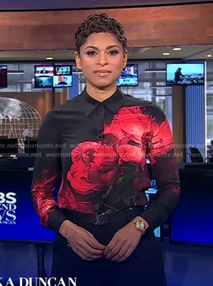 Jericka’s black rose print shirt on CBS Evening News