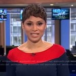 Jericka’s navy and red colorblock ribbed dress on CBS Evening News
