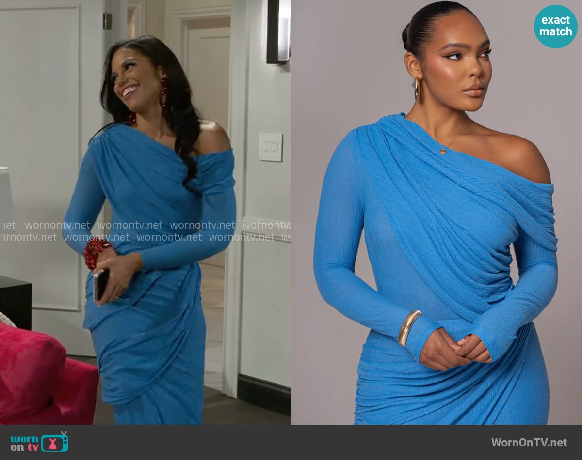 JLuxLabel Blue Textured One Shoulder Bodysuit worn by Dani Dupree (Karla Mosley) on Beyond the Gates