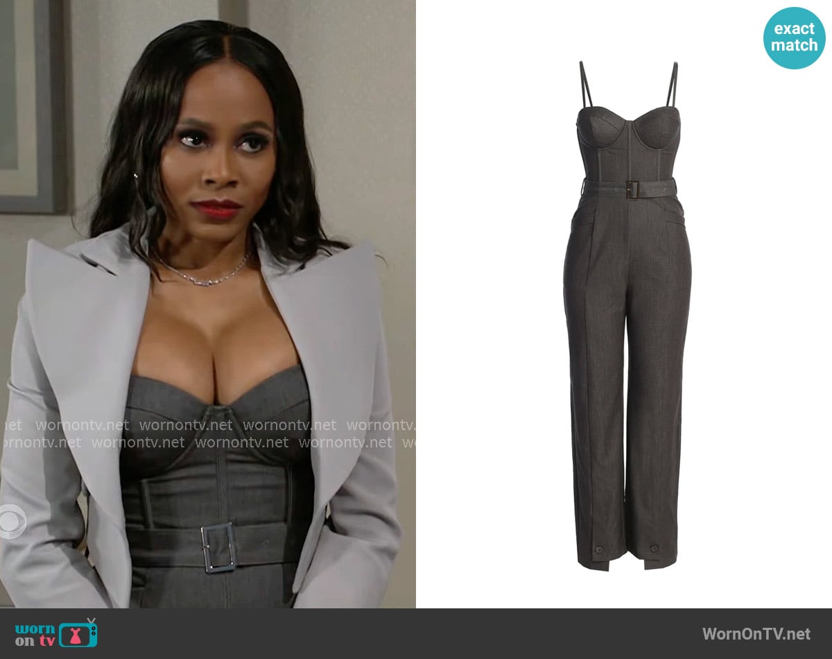 JLuxLabel Sweetheart Aroma Bustier Jumpsuit in Grey worn by Hayley Lawson (Marquita Goings) on Beyond the Gates
