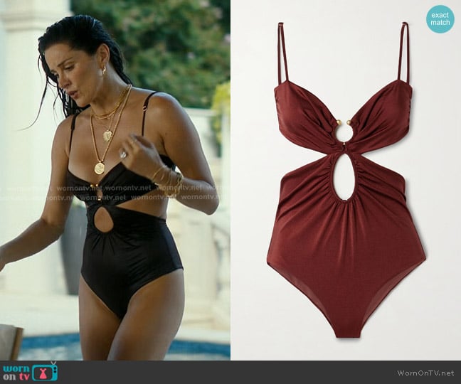 Johanna Ortiz Sunny Days Embellished Cutout Swimsuit in Burgundy worn by Bella (Stefania Spampinato) on Landman