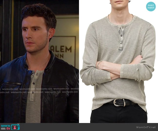 John Varvatos Memphis Waffle Henley in Grey Heather worn by Liam Selejko (Hank Northrop.) on Days of our Lives