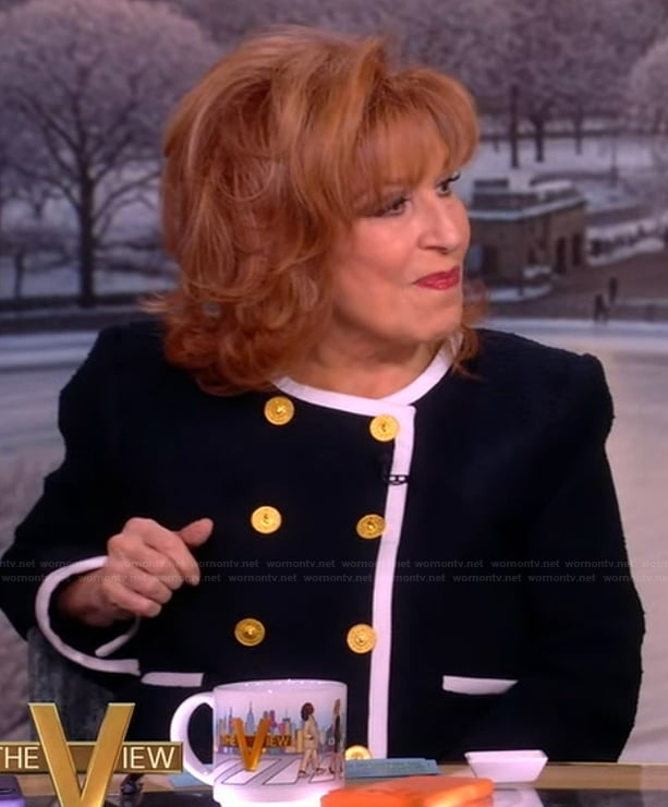 Joy’s black double breasted contrast jacket on The View