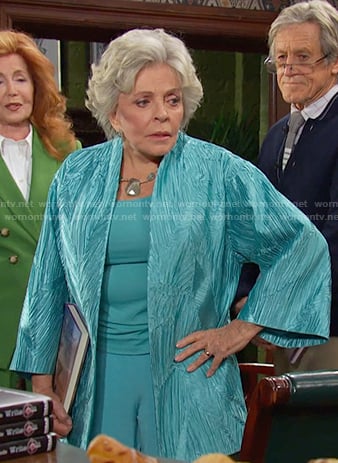 Julie’s aqua pleated jacket on Days of our Lives