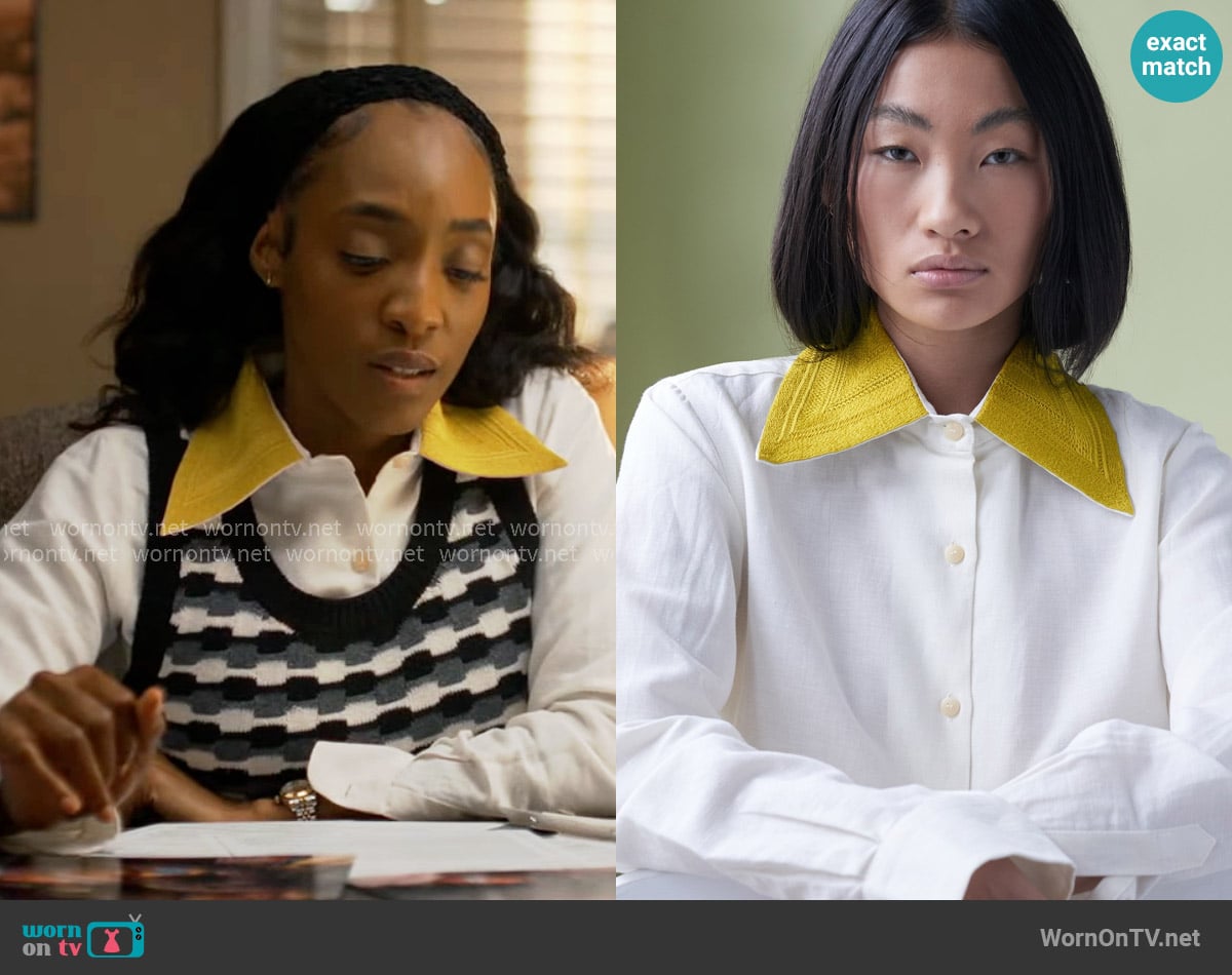 Faith’s white shirt with yellow collar on Will Trent