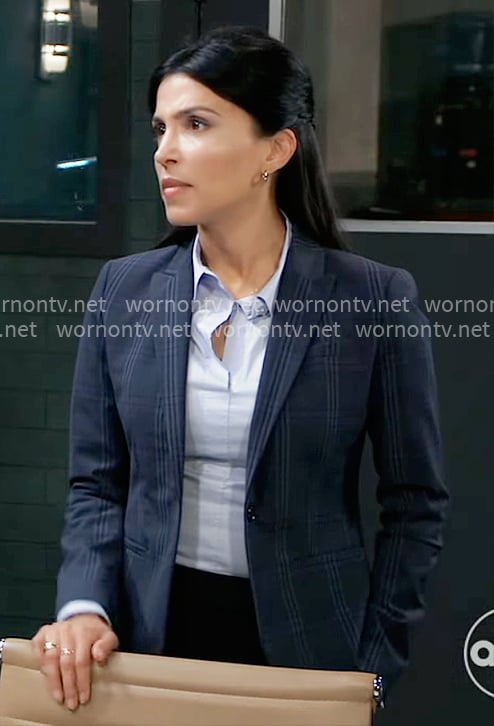 Justine’s navy plaid blazer on General Hospital