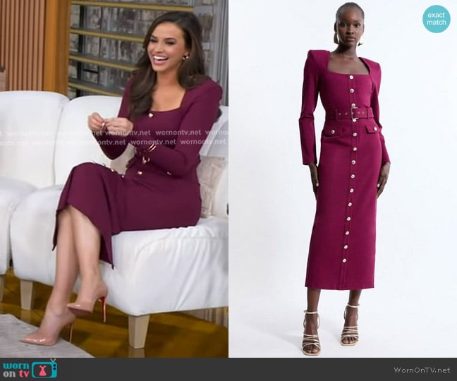 Karen Millen Jersey Ponte Diamante Back Hardwear Long Sleeve Maxi Dress in Plum worn by Hanna Battah on Good Morning America