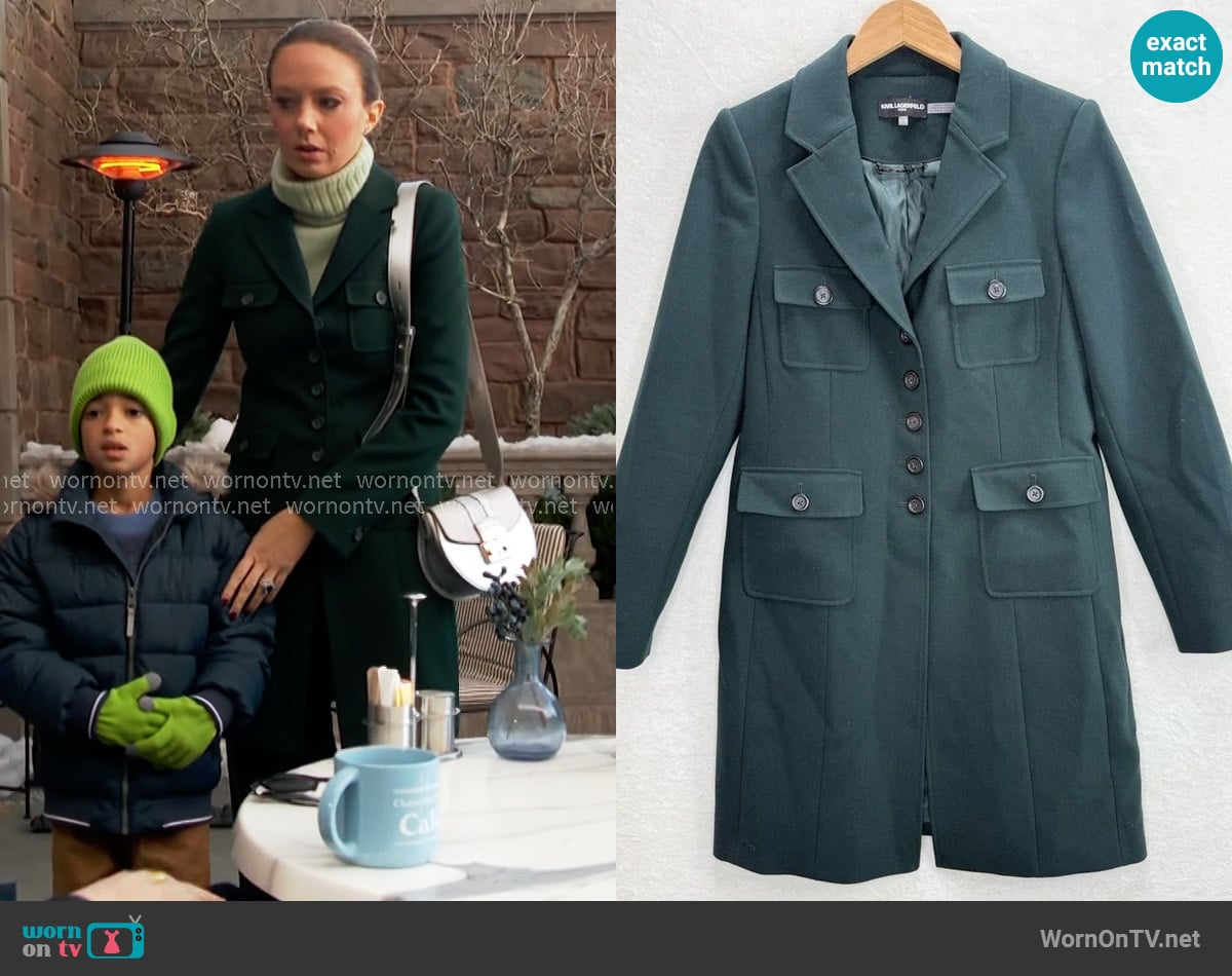 Karl Lagerfeld Paris Twill Classic Maxi Peacoat in Dark Green worn by Abby Newman (Melissa Ordway) on The Young and the Restless