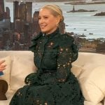 Katherine LaNasa’s teal belted lace dress on The Drew Barrymore Show