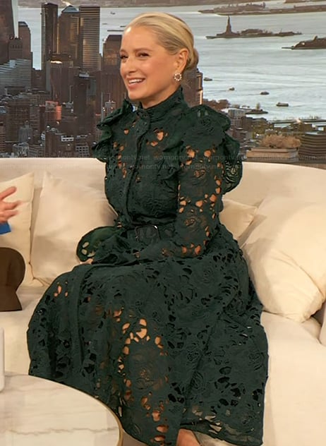 Katherine LaNasa’s teal belted lace dress on The Drew Barrymore Show