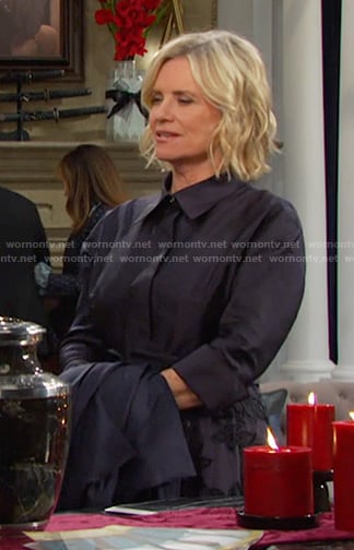 Kayla’s navy floral embroidered shirtdress on Days of our Lives