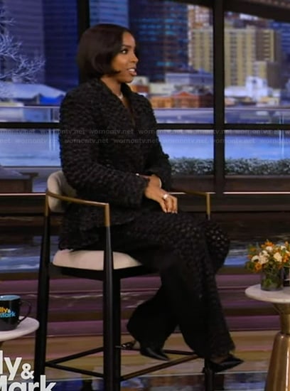 Kelly Rowland’s black crochet knit blazer and pants on Live with Kelly and Mark