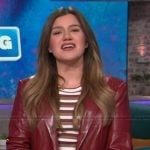 Kelly’s burgundy leather jacket and striped tee on The Kelly Clarkson Show