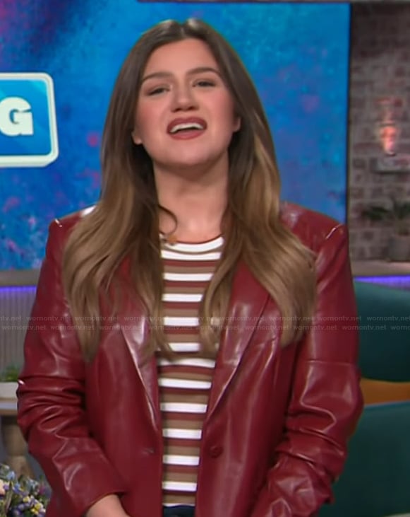 Kelly's burgundy leather jacket and striped tee on The Kelly Clarkson Show