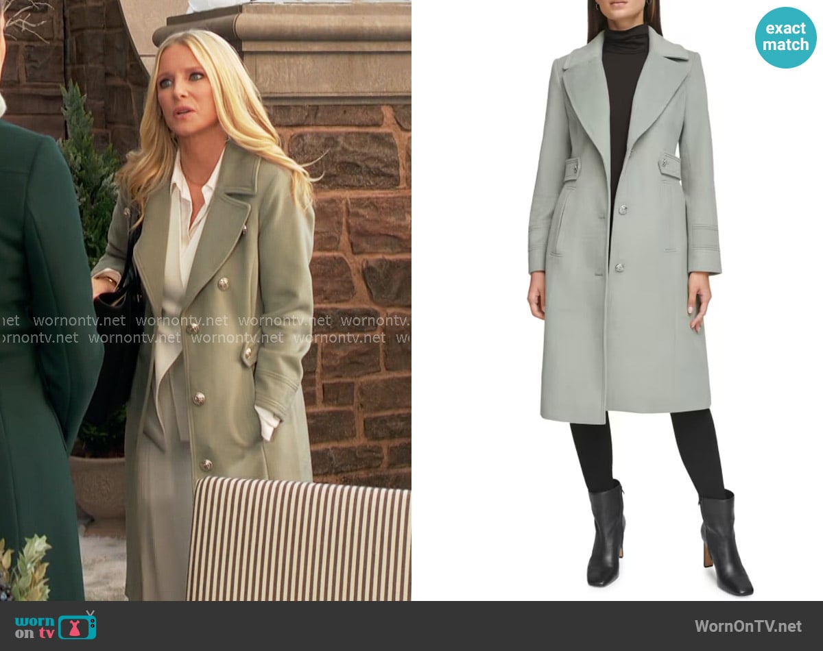 Kenneth Cole Military Wool Blend Overcoat in Sage worn by Christine Blair Williams (Lauralee Bell) on The Young and the Restless