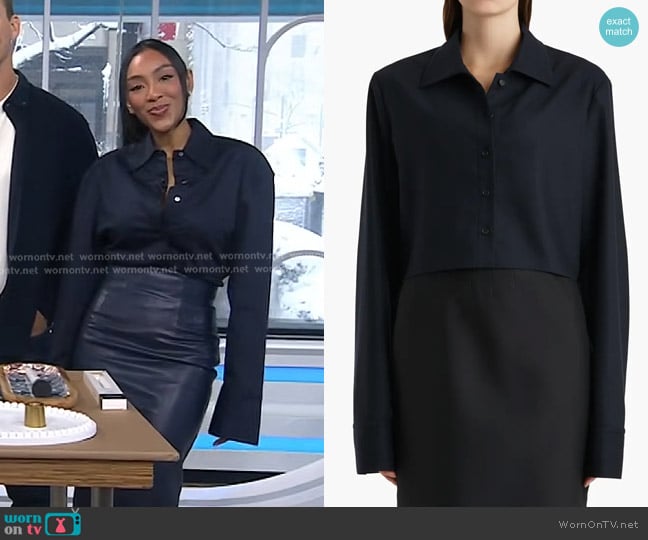 Khaite Jasen Crop Button-Up Shirt in Dark Navy worn by Tayshia Adams on Today