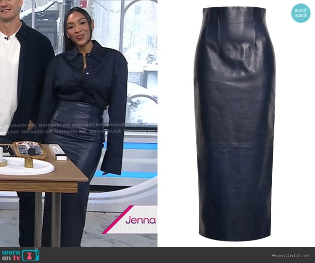 Khaite Loxley Fitted Leather Skirt in Dark Navy worn by Tayshia Adams on Today