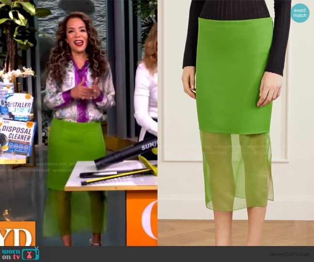 Khaite Sybil layered frayed satin-crepe and organza midi skirt worn by Sunny Hostin on The View