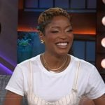 Kiki Palmer’s white pinstripe corset top and pants on The Kelly Clarkson Show