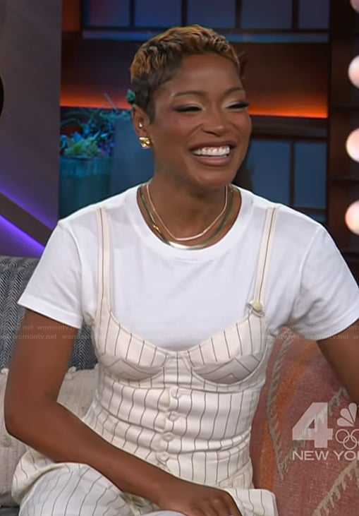 Kiki Palmer’s white pinstripe corset top and pants on The Kelly Clarkson Show