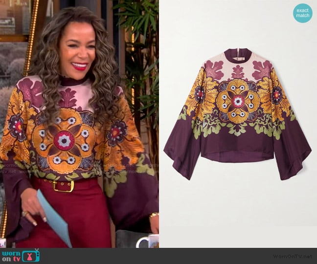 LA DoubleJ Make An Exit printed silk-twill blouse worn by Sunny Hostin on The View