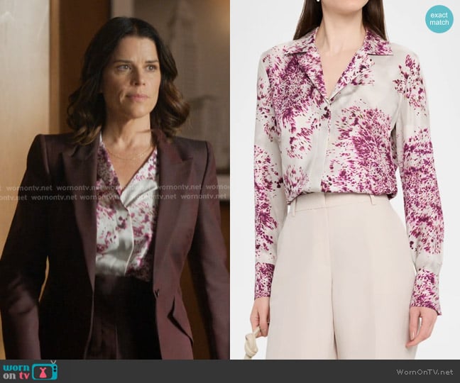 Lafayette 148 NY Splatter-Print Silk Twill Blouse worn by Maggie McPherson (Neve Campbell) on The Lincoln Lawyer