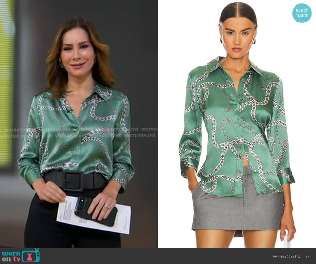 L'Agence Dani Blouse in Frosty Spruce Multi worn by Rebecca Jarvis on Good Morning America