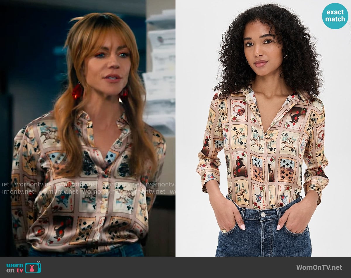 L'Agence Dani Blouse in Tan Multi Western Cards worn by Morgan Gillory (Kaitlin Olson) on High Potential