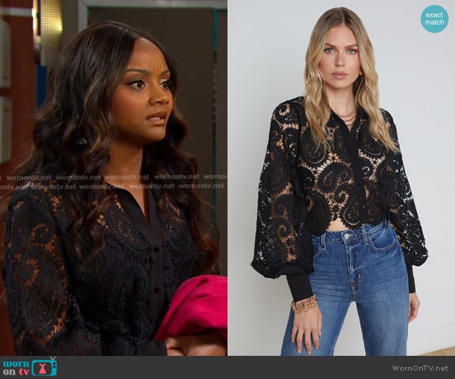 L'Agence Odelia Lace Blouse worn by Chanel Dupree (Raven Bowens) on Days of our Lives