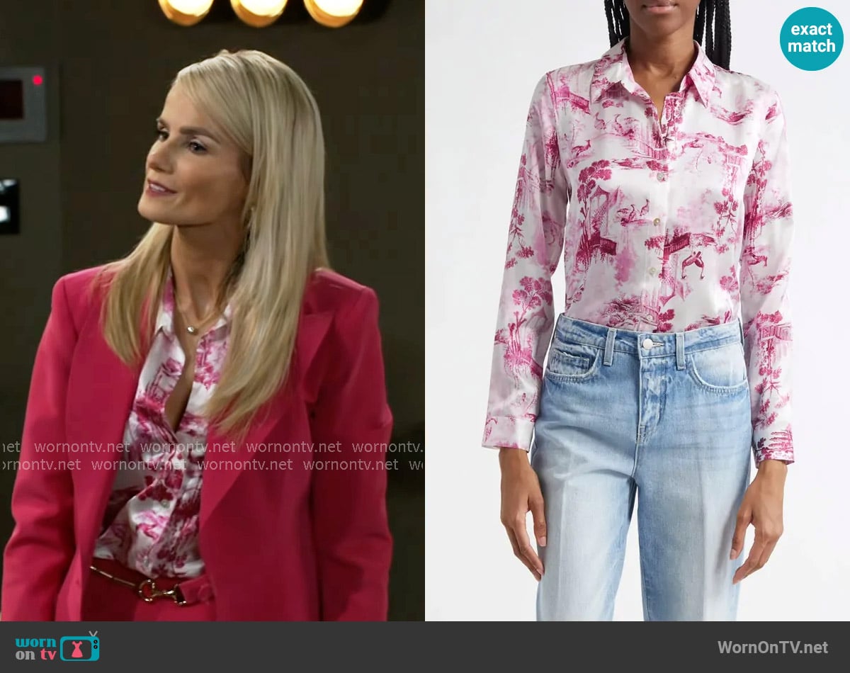 L'Agence Tyler Shirt in White/ Pink Porcelain Toile worn by Vanessa McBride (Lauren Buglioli) on Beyond the Gates