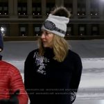 Lara’s black embellsihed sweater and goggle print beanie on Good Morning America