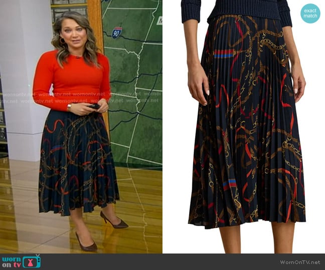 Ginger’s navy belt print pleated skirt on GMA