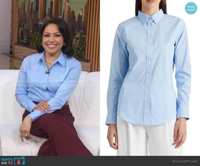 Lauren Ralph Lauren Easy Care Stretch Cotton Shirt in blue worn by Stephanie Ramos on Good Morning America