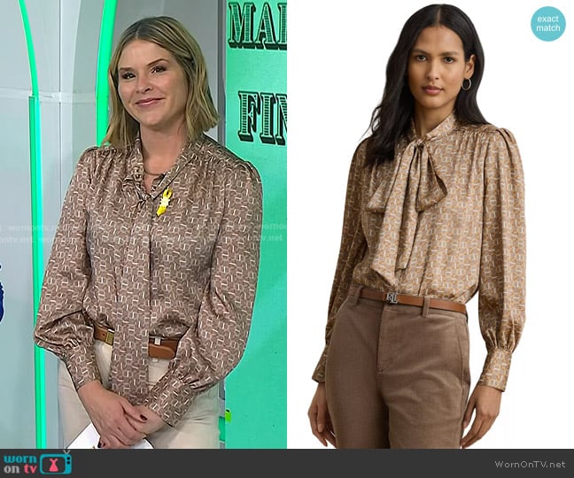 Lauren Ralph Lauren Geo-Print Twill Tie-Neck Blouse in Taupe worn by Jenna Bush Hager on Today