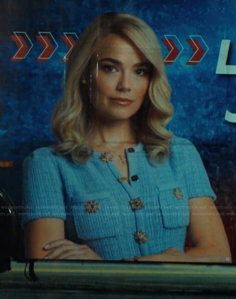 Lexy's blue tweed button dress on His & Hers