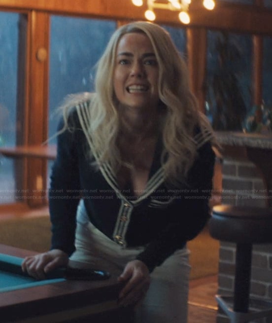 Lexy's navy contrast stripe cardigan on His & Hers