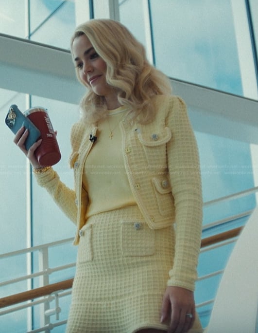 Lexy's yellow tweed cardigan and skirt on His & Hers