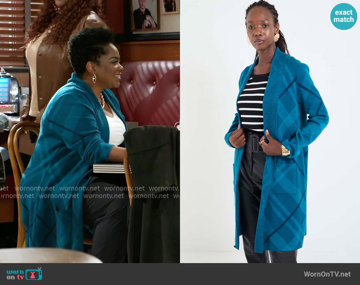 Liz Claiborne Long Sleeve Open Front Plus Plaid Cardigan worn by Mona Wilson (Karan Kendrick) on Beyond the Gates