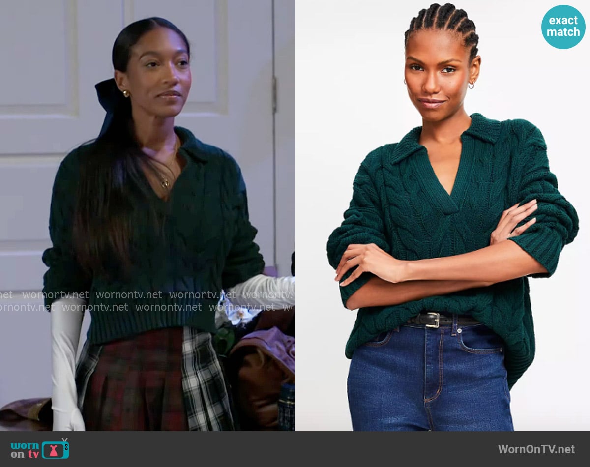 Loft Collared Split Neck Cable Sweater worn by Samantha Richardson (Najah Jackson) on Beyond the Gates