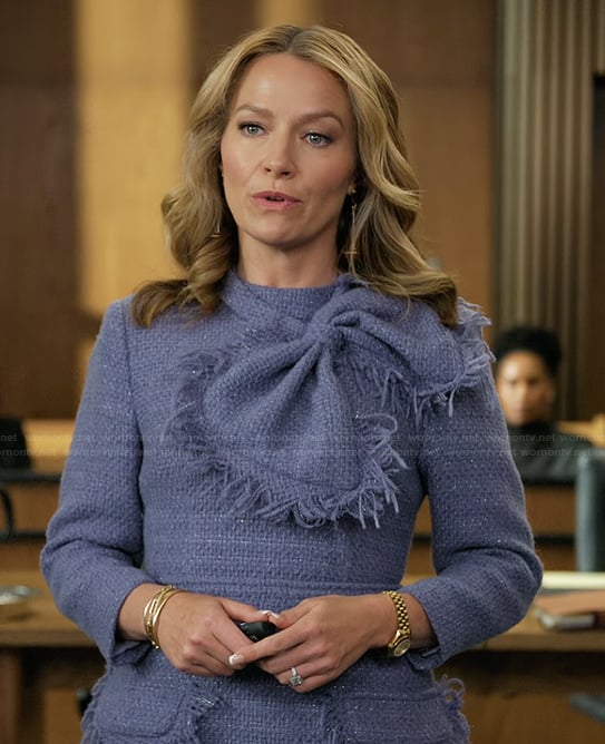 Lorna's purple tweed bow front dress on The Lincoln Lawyer