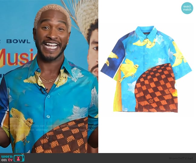Louis Vuitton Damier Printed Short Sleeve Shirt Bird Motif worn by Scott Evans on Access Hollywood